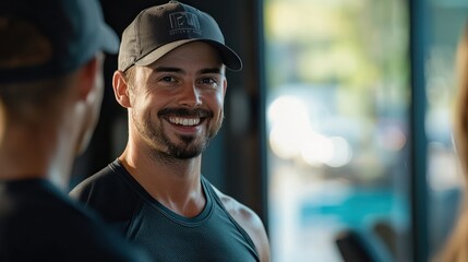 A warm portrait of a personal trainer interacting with clients, highlighting their friendly and supportive personality in fitness training