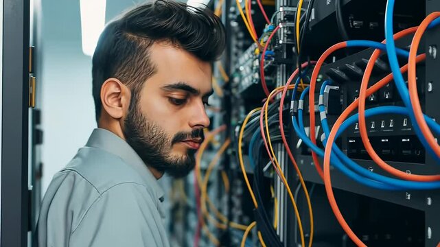 Technician examining network cables in a server room for maintenance and troubleshooting