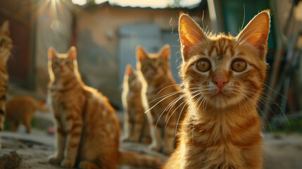 Many kittens cats look into camera in animal shelter. Looking for home and new owner. Adopt a friend, per adoption concept