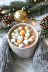 Warm cup of hot chocolate topped with colorful marshmallows during winter festivities