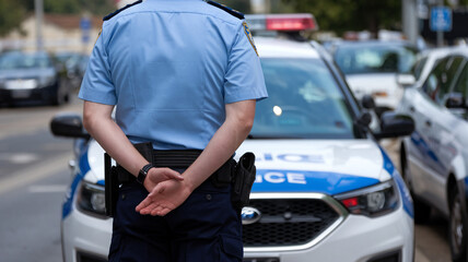 Police Officer Standing by Patrol Car in City