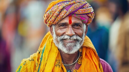 Obraz premium An Indian man participating in a traditional festival, dressed in colorful attire and enjoying the festivities