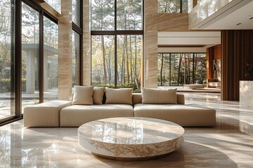 Fototapeta premium A modern mid century modern interior in a living room with a circular table and sofa. Generative AI 