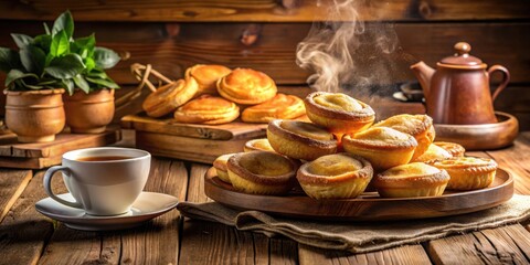 Fototapeta premium A steaming pile of freshly baked pastries on a wooden platter, a warm cup of tea, and a rustic wooden background create a comforting and inviting scene.
