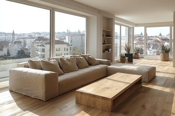 Obraz premium A photograph of a spacious living room finished with a modern Scandinavian interior. Generative AI 