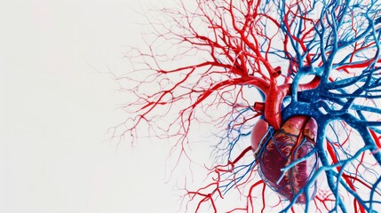 A detailed illustration of the human heart surrounded by blue and red blood vessels against a white background, macro shot, Minimalist style