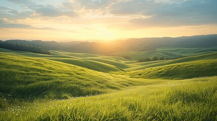 Fototapeta premium Grassy field in the a rolling hills countryside, sunrise.