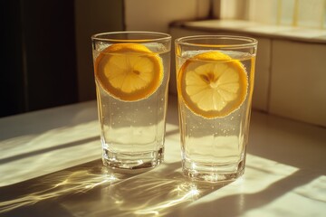 Refreshing glasses of lemon water placed on a table with sunlight casting soft shadows
