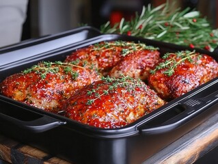 A festive christmas dinner close-up savory glazed meats with fresh herbs in a cozy warm ambient light setting