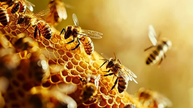 Close up of buzzing bees gathering nectar on a golden honeycomb in sunlight