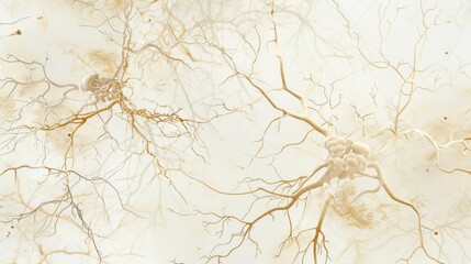 A detailed illustration of the human nervous system with highlighted neurons and synapses, set against a plain, light background