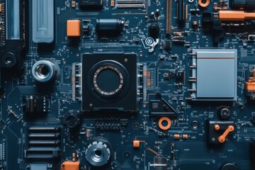 Fototapeta premium Detailed close-up of an electronic circuit board, showcasing intricate design and technological advancement, illustrating complexity and the heart of modern devices.