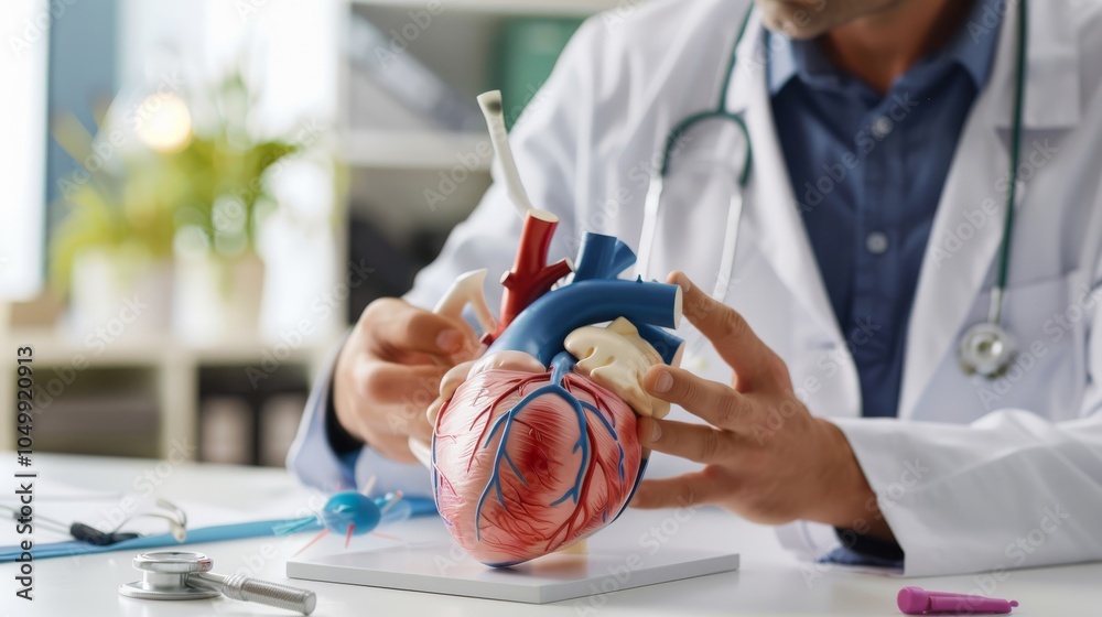 Poster a detailed image of a cardiologist examining a heart model with focus on the model��s details and di