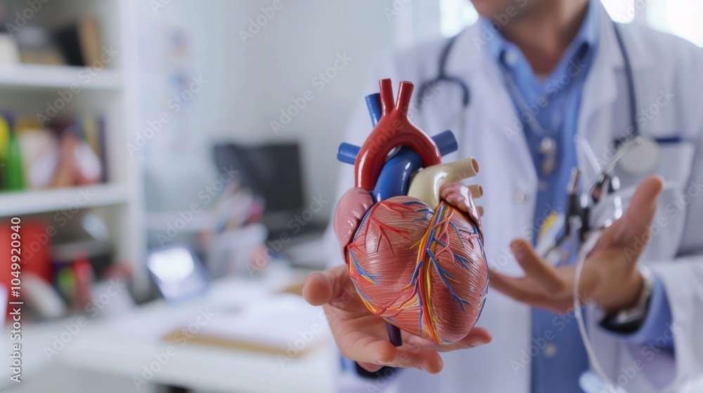 Poster A detailed image of a cardiologist examining a heart model with focus on the model��s details and diagnostic tools, set against a bright, modern cardiology office background