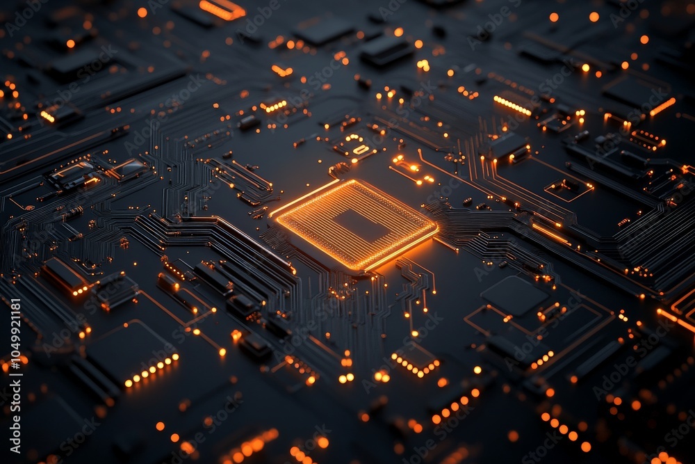 Poster an illuminated microchip sits at the center of a complex circuit board, representing advanced techno