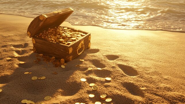Golden Rewards: Footprints to Financial Wealth on Serene Beach - Ultra-Detailed Image of Treasure Chest with Gold Coins - Powered by Adobe