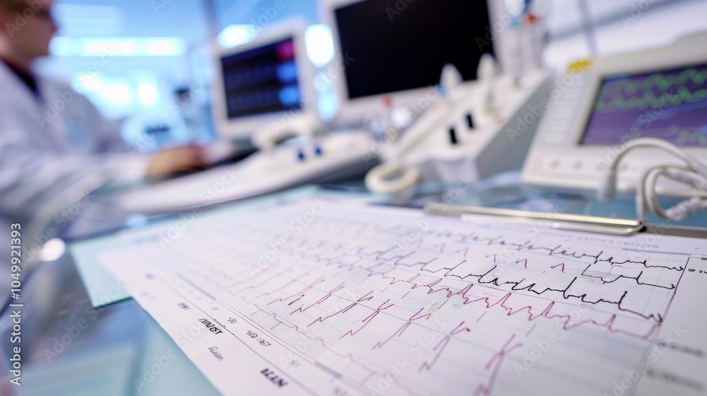Poster a detailed image of a cardiologist reviewing an ecg printout with focus on the ecg graph and medical