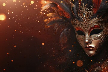 A dazzling masquerade mask adorned with feathers and glitter against a warm, sparkling background