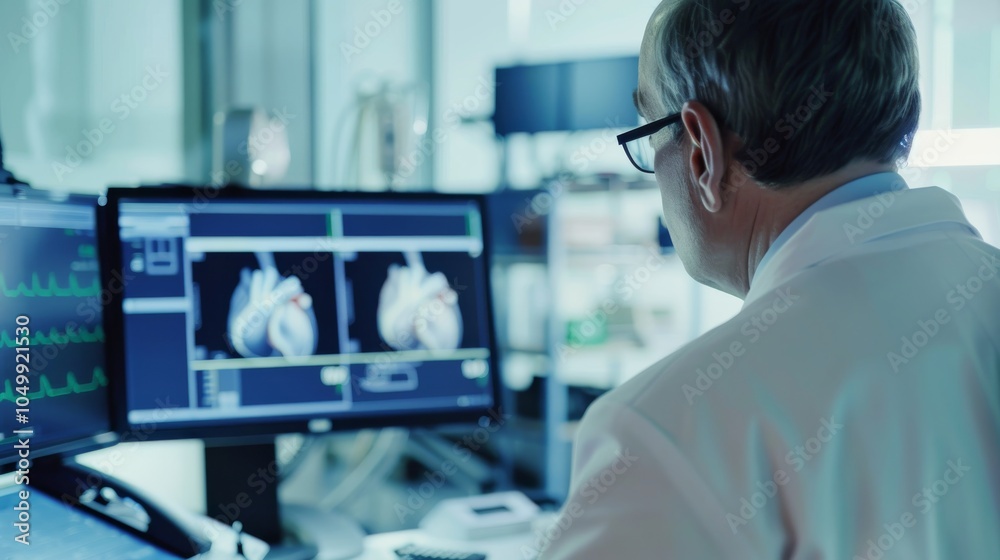 Poster a detailed image of a cardiologist reviewing an echocardiogram with focus on the heart��s details an