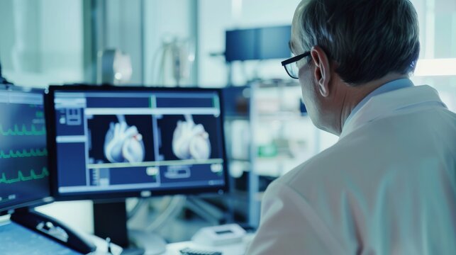 A detailed image of a cardiologist reviewing an echocardiogram with focus on the heart��s details and diagnostic screen, set against a bright, modern cardiology office background