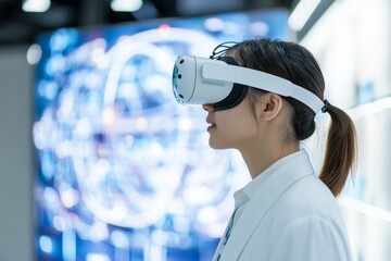 A young woman in a lab coat explores virtual reality technology while standing in a futuristic setting with a bright background, showcasing innovation and curiosity.