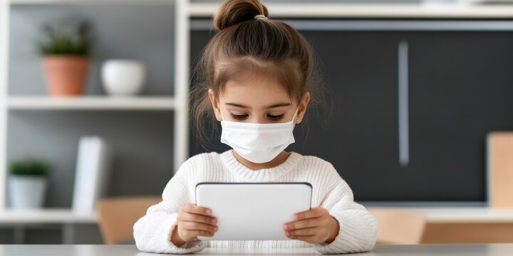 Child learning with tablet in modern tech classroom