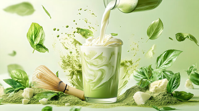 Pouring milk into matcha latte with fresh leaves
