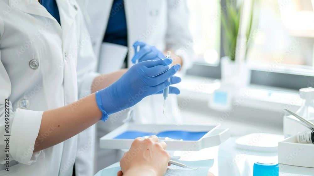 Poster a detailed image of a dermatologist examining a patient��s skin with focus on the skin condition and