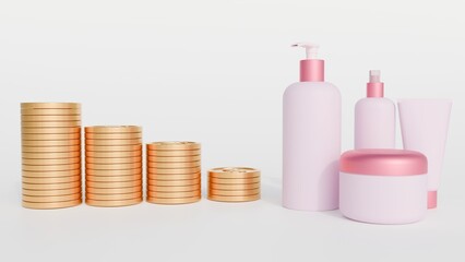 A 3d rendering of collection of skincare products, including a pump bottle, a jar, and a tube, nestled amidst a bed of shimmering gold coins.