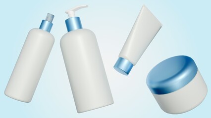 A 3d rendering of collection of skincare products including a pump bottle, a jar, and a tube.