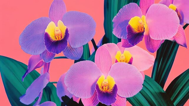 Vivid orchid blooms with vibrant colors in a striking close up shot highlighting detailed floral patterns