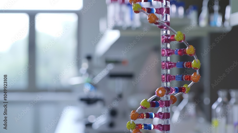 Poster a detailed image of a dna helix model with vibrant colors, set in a modern research lab with advance