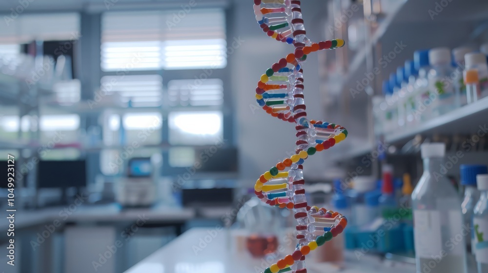Aufkleber a detailed image of a dna helix model with vibrant colors, set in a modern research lab with advance