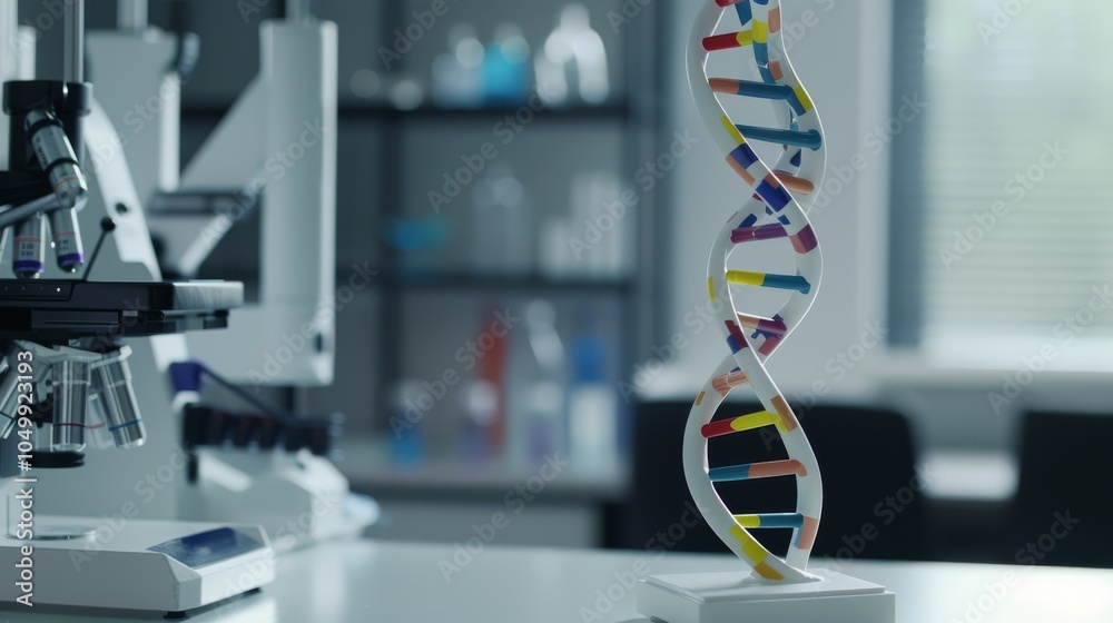 Aufkleber A detailed image of a DNA helix model with vibrant colors, set in a modern research lab with advanced equipment in the background, medium shot