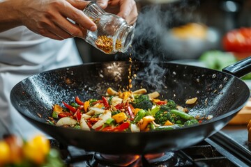 Cooking colorful vegetables in a hot wok while adding spices in a bustling kitchen