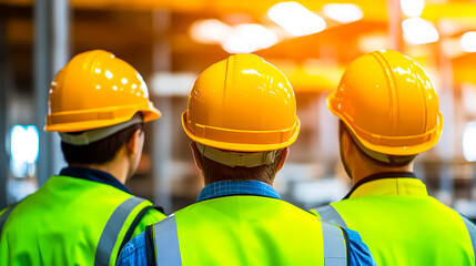 Workers in Yellow Hard Hats and Safety Vests