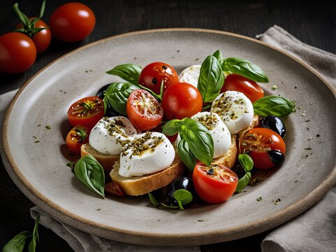 Classic Caprese salad featuring mozzarella, cherry tomatoes, basil leaves, and olives on a rustic plate.