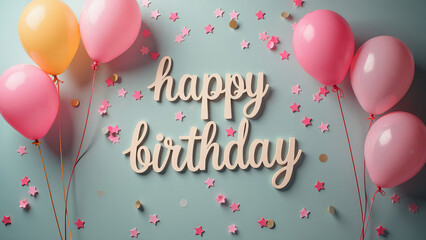 Balloons and confetti, festive background for birthday. Balloons and confetti, festive background for birthday. Sign HAPPY BIRTHDAY.
