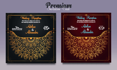 Invitation card black, red and gold vintage style, Mandala Gold Wedding Invitation, save the date, thank you, rsvp card Design template. Vector. mandala, mandala design, silver 