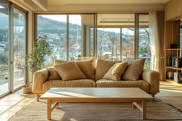 Fototapeta premium Modern Scandinavian interiors in the living room with sofa and square table. Generative AI 