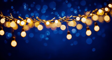 Warm yellow string lights creating a beautiful bokeh effect on a deep blue background.