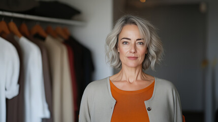 Confident mature woman with grey hair showcasing her personal style in front of her wardrobe