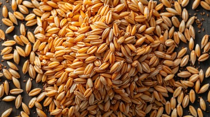 Fototapeta premium Wheat grain background with a close-up of wheat grains and an on top, flat lay. top view.