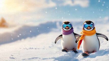 Two penguins wearing scarves and ski goggles are skiing down a snowy mountain slope on a sunny winter day
