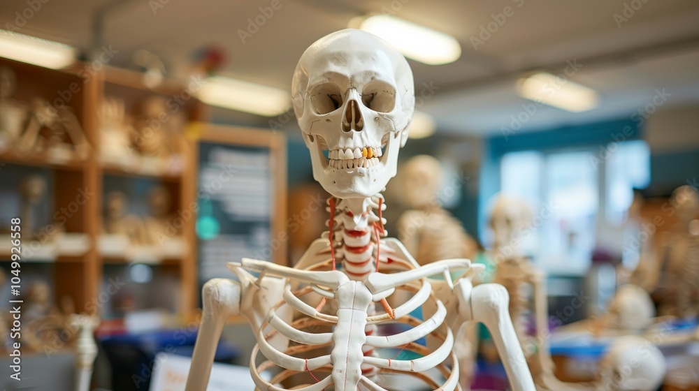 Poster a detailed image of a human skeleton model with highlighted joints, set in a brightly lit anatomy la