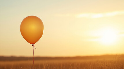 Orange balloon floating over a wheat field at sunset, creating a serene and dreamlike atmosphere