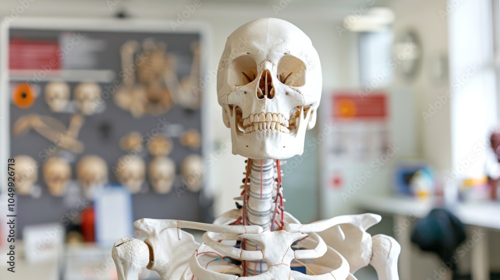 Poster a detailed image of a human skeleton model with highlighted joints, set in a brightly lit anatomy la
