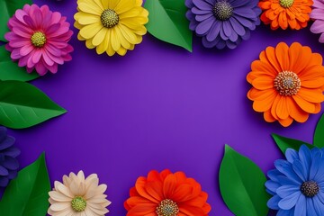 Colorful bouquet of flowers with a purple background. background with several flowers in vibrant colors, with green leaves that serve as a background for beauty products, overhead view,