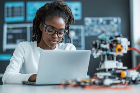 A focused young woman with glasses works on a laptop, surrounded by robotic components, highlighting a fusion of technology and creativity.