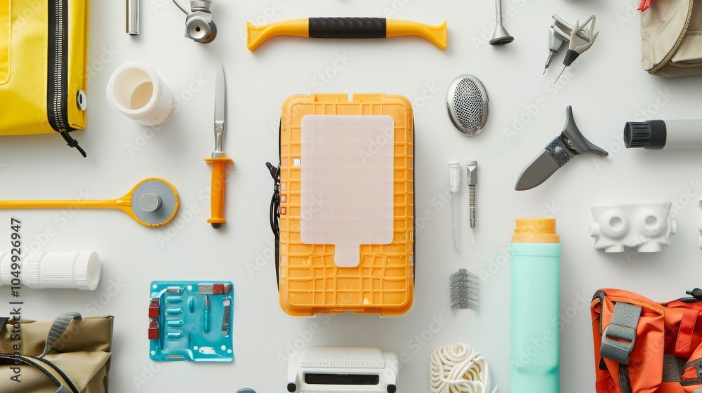 Poster a detailed image of a medical emergency response kit with various supplies and tools arranged neatly
